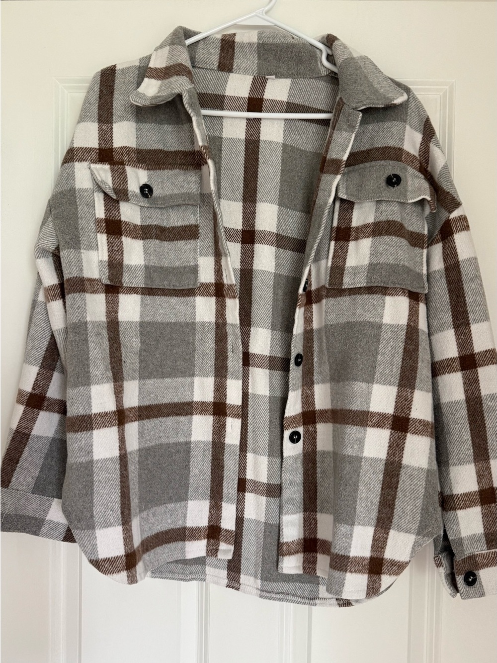 Plaid Shacket Jacket in Gray, White & Brown